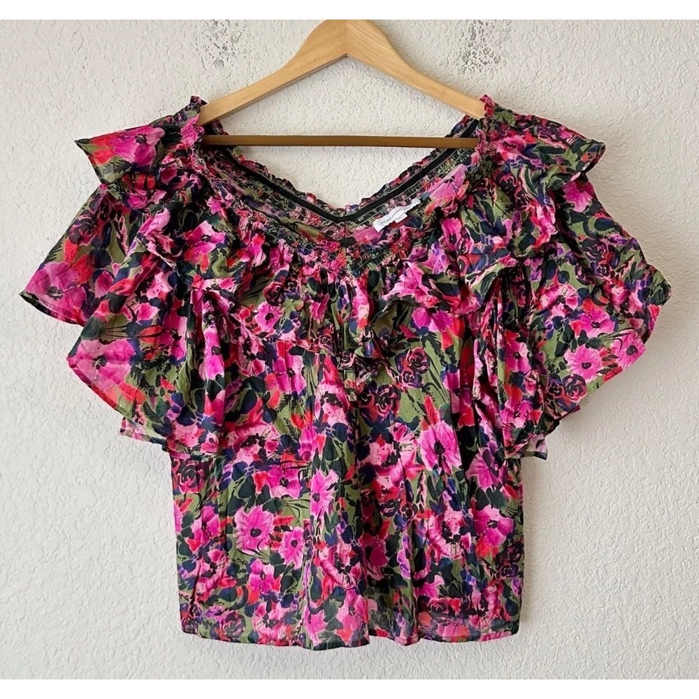 SOMETHING NAVY Blouse Womens L Multicolor Floral Ruffle Cotton Fairy‎ Boho Color